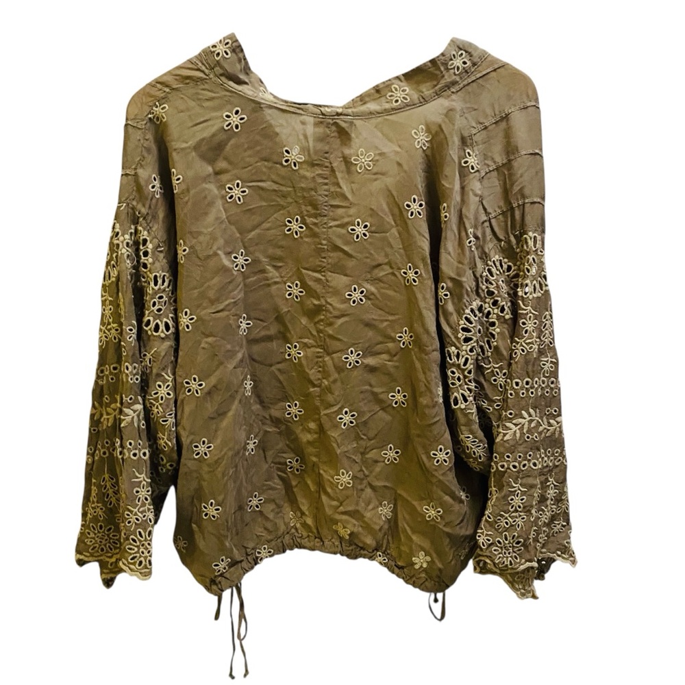 JOHNNY WAS Olive Green Whimsigoth Embroidered Side Tie Peasant Blouse Bohemian - Picture 2 of 6